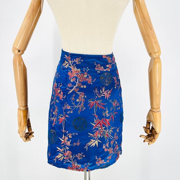 Y2K Brocade Royal Blue Asian Floral Side Slit Mini Skirt - Picture 6 of 8